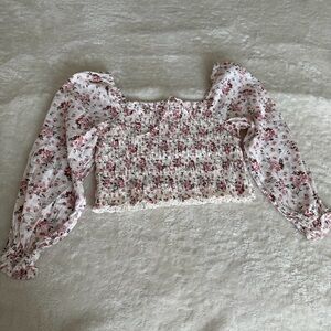 American Eagle Pink Long Sleeve Smocked Cropped Top size XL